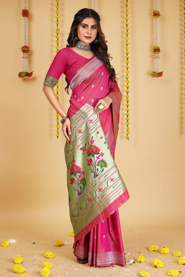 Pink Soft Silk Paithani Saree with With Meenakari work