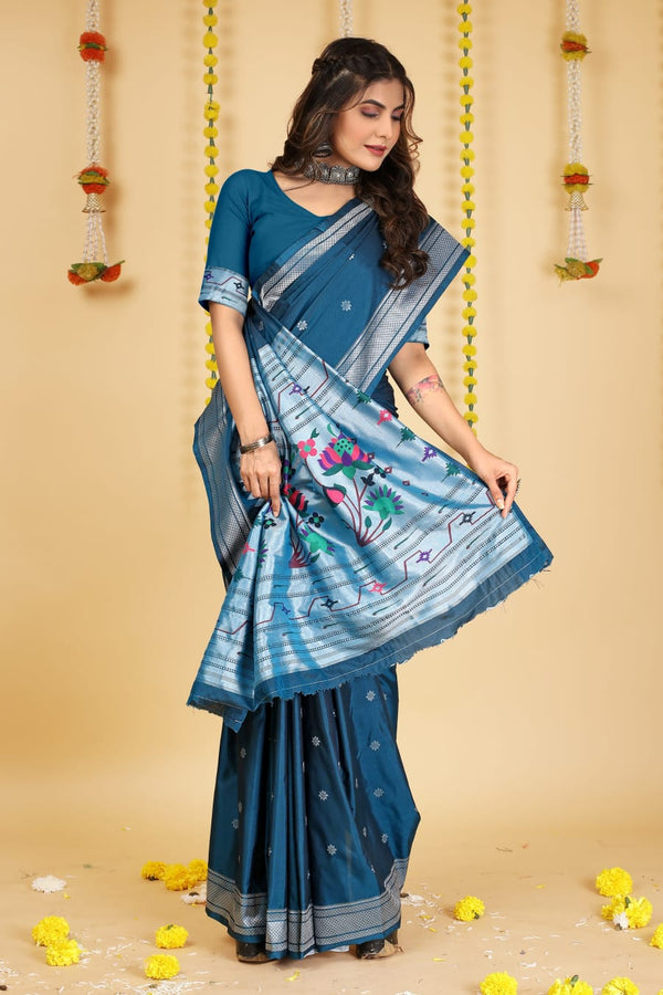 Turquoise Blue Soft Silk Paithani Saree with With Meenakari work