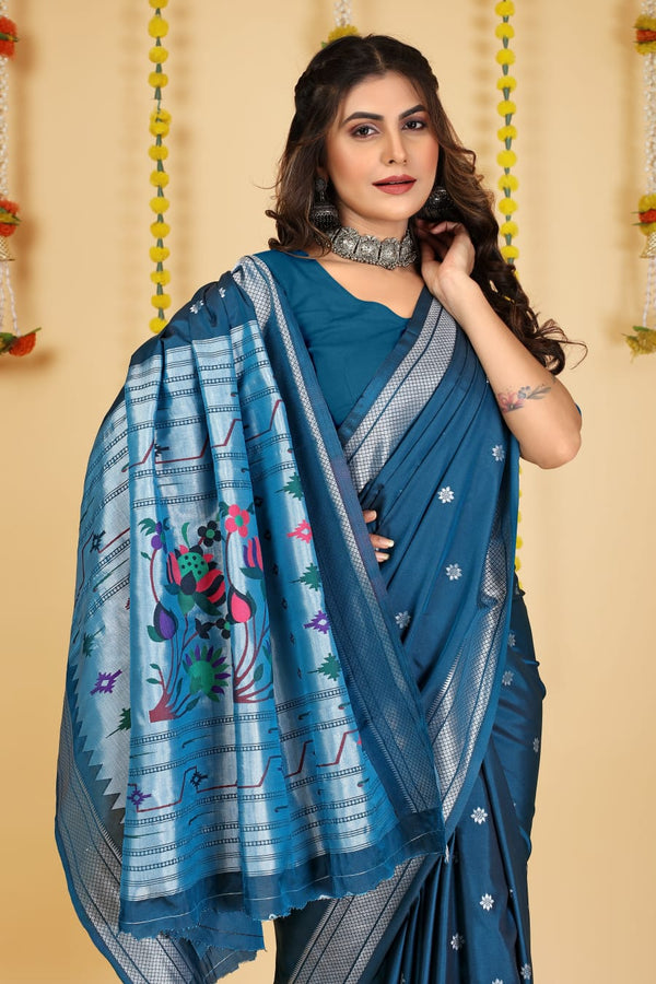 Turquoise Blue Soft Silk Paithani Saree with With Meenakari work