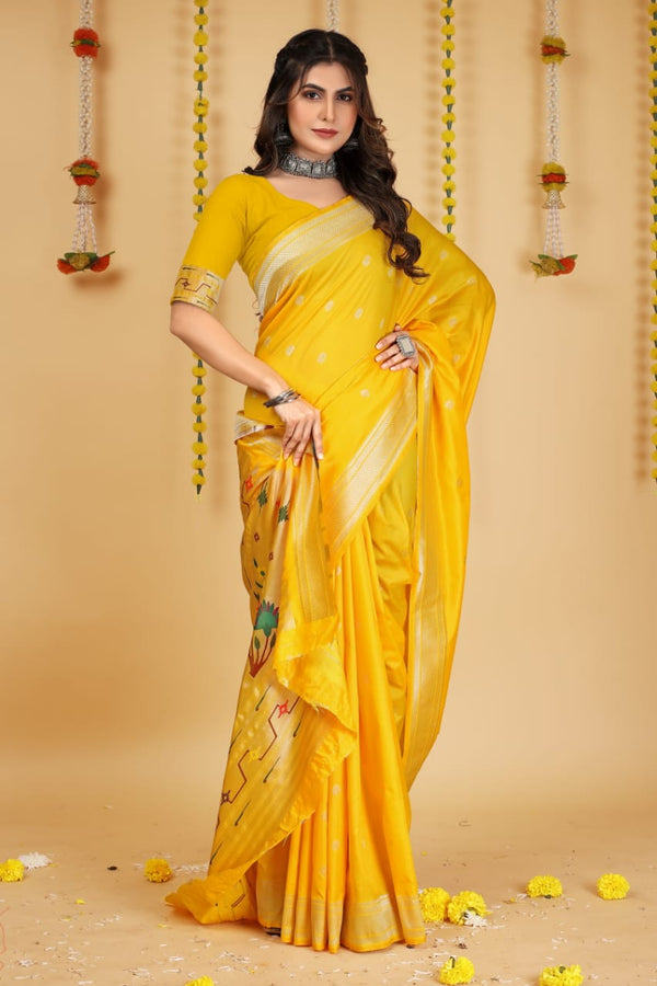 Yellow Soft Silk Paithani Saree with With Meenakari work