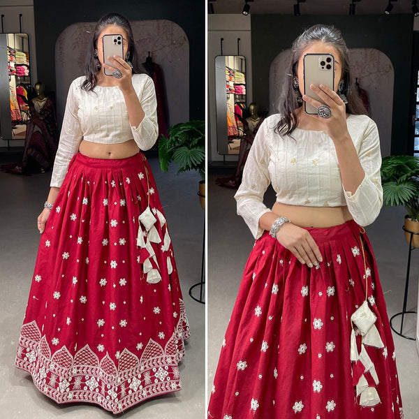 Maroon Lehenga In Pure Cotton Material Embellished With Lucknowi Work