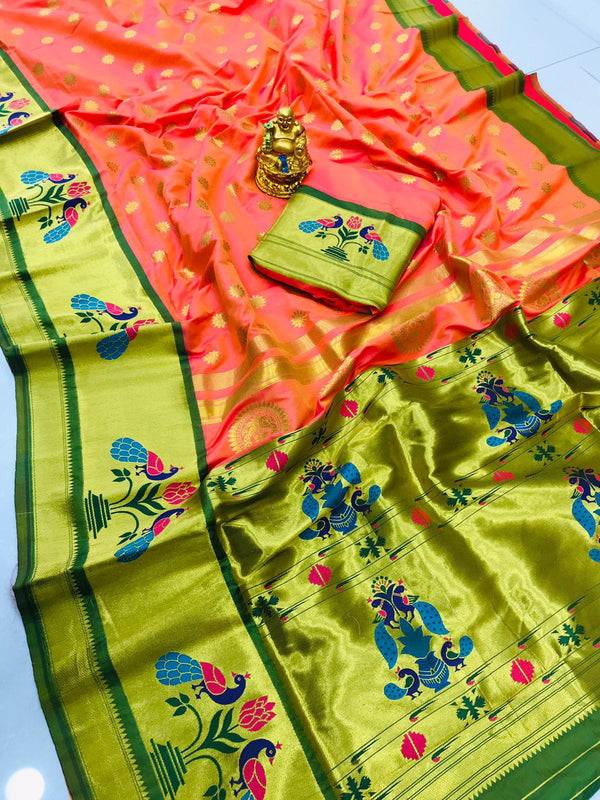Peach Mor Paithani Pure Silk Handloom Saree with Pure Zari