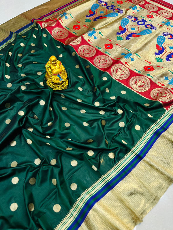 Bottle Green Paithani Pure Silk Handloom Saree with Pure Zari