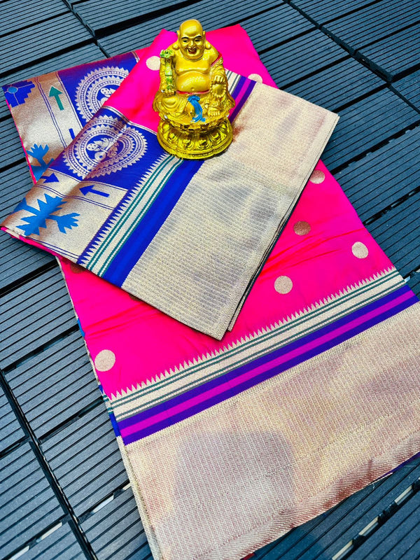 Hot Pink Paithani Pure Silk Handloom Saree with Pure Zari