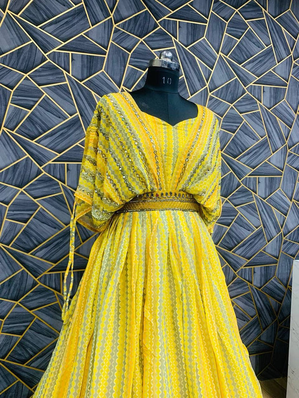 Yellow Designer Party Wear Look Gown With Heavy Khatli Work