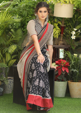 Black Printed Cotton Saree With Line Ajrakh Pallu