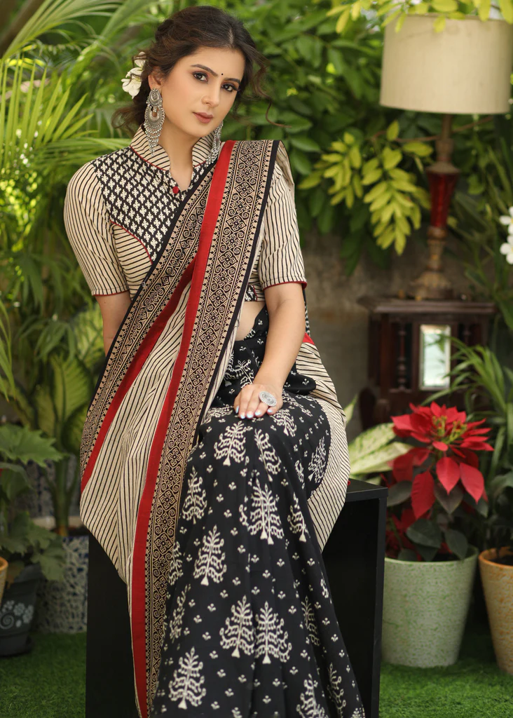 Black Printed Cotton Saree With Line Ajrakh Pallu