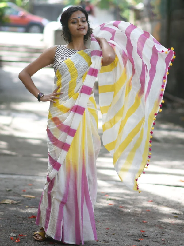 Cotton Linen Saree with Yellow and Pink Stripes all over the Saree