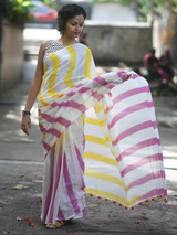 Cotton Linen Saree with Yellow and Pink Stripes all over the Saree