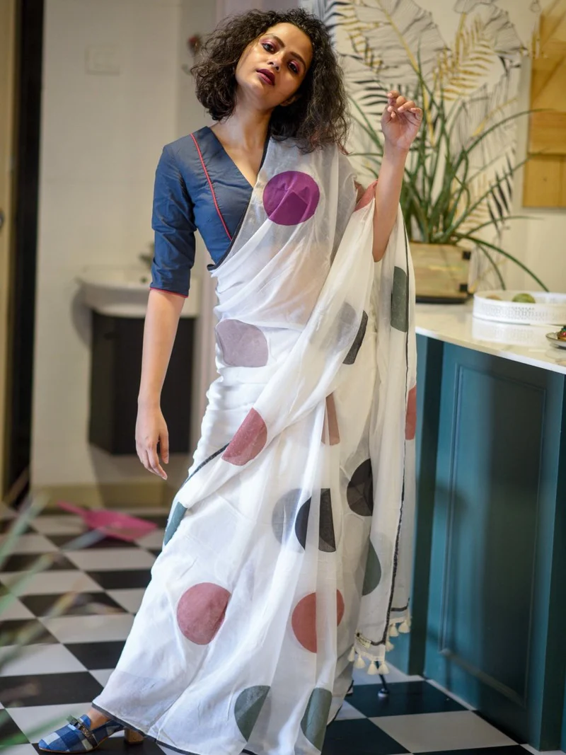 Cotton Linen White Saree with polka dots All Over the Saree