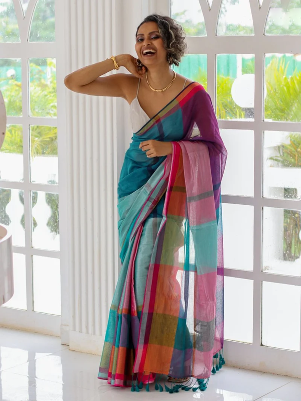 Multicolor Satin Saree With Large Block Prints