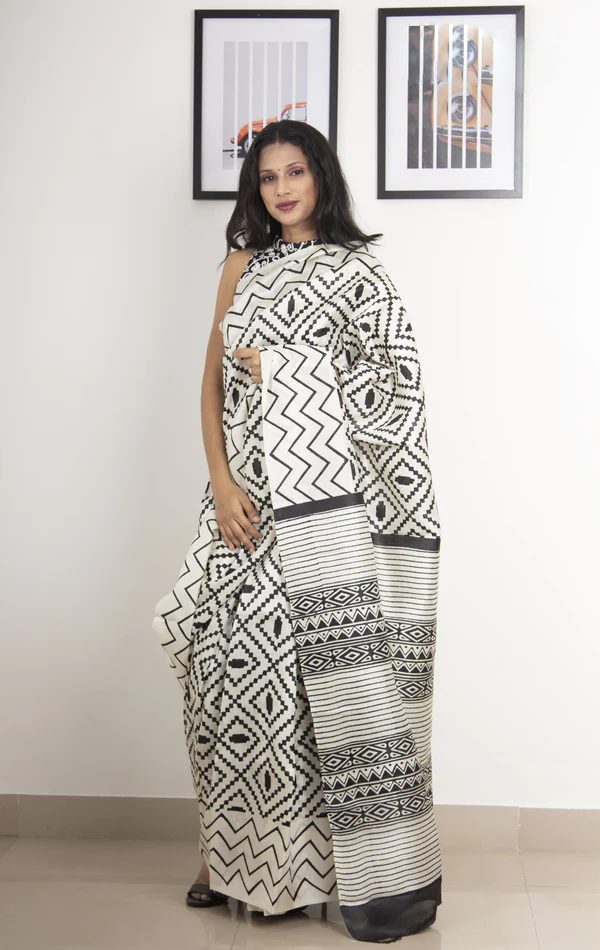 Off White Colour With Black Hand Block Printing All Over Saree