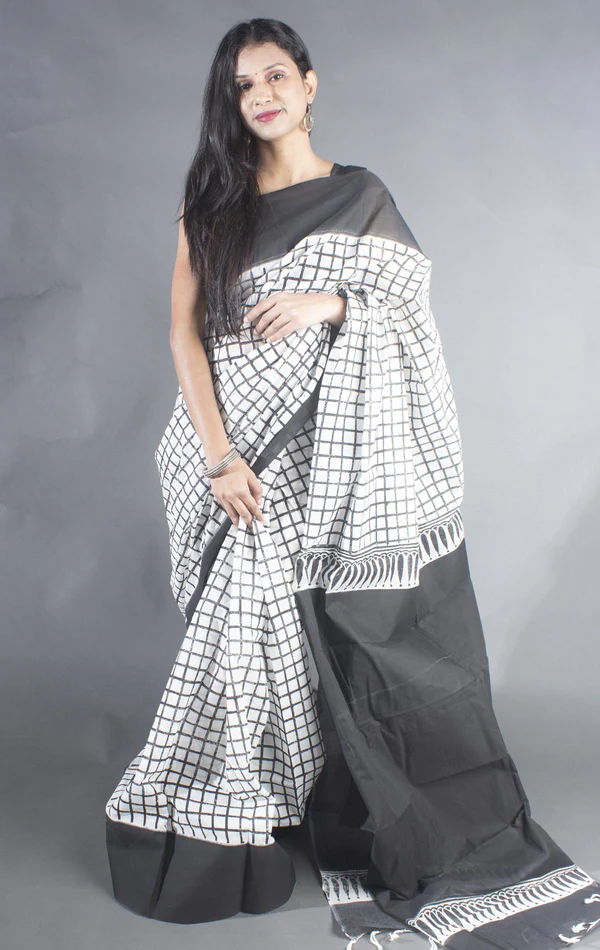 Black and White Block Printed Cotton Linen Saree