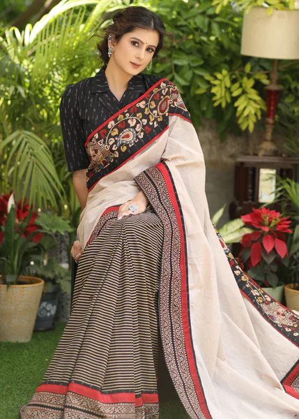Cotton Line Ajrakh Saree With floral and geometrical patterns