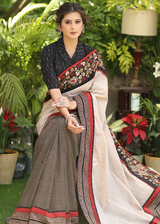 Cotton Line Ajrakh Saree With floral and geometrical patterns
