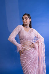 Baby Pink Fancy Thread Work with Sequence Work Fancy zalar attached Lace