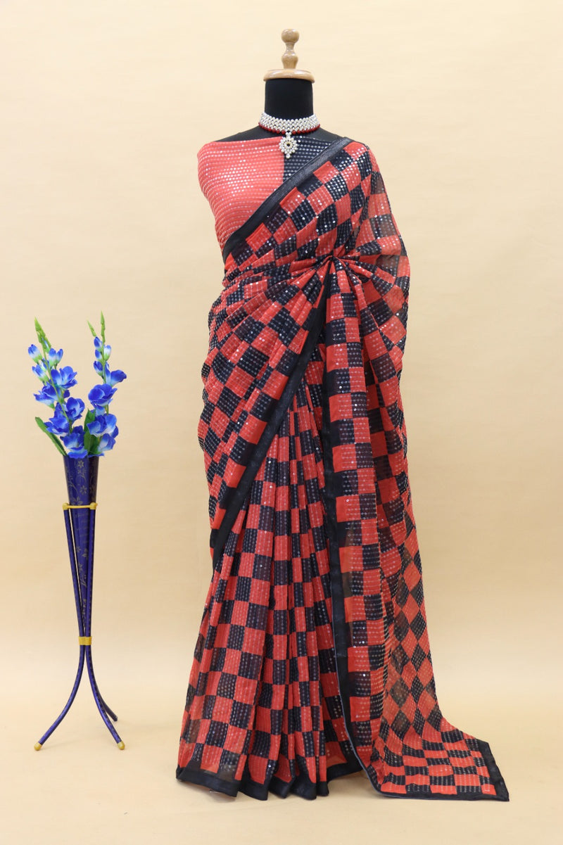 Red And Black Faux Georgette