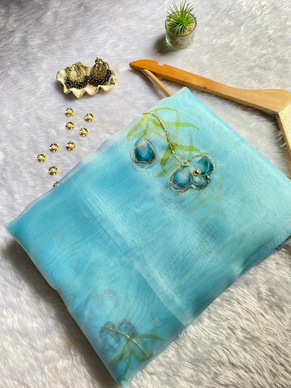 Sky Blue organza handwork sarees