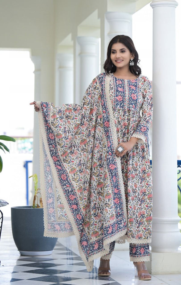 Floral Printed With Lace Border Nyra Kurta With Pants & Cotton Dupatta - Cream