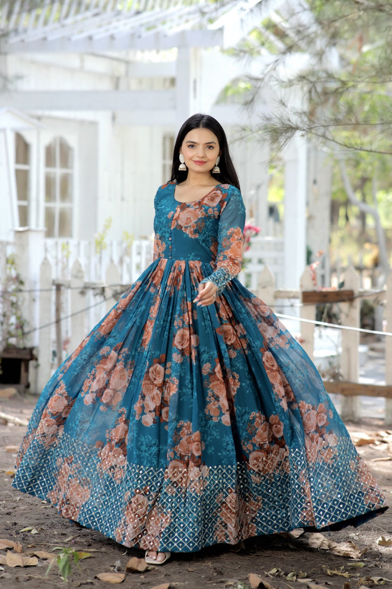 Blue Floral printed Designer Gown