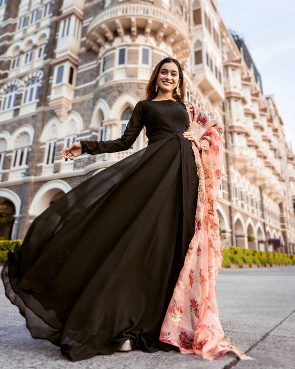 Modest Black Faux Georgette Anarkali Dress With Dupatta - Dmv15084
